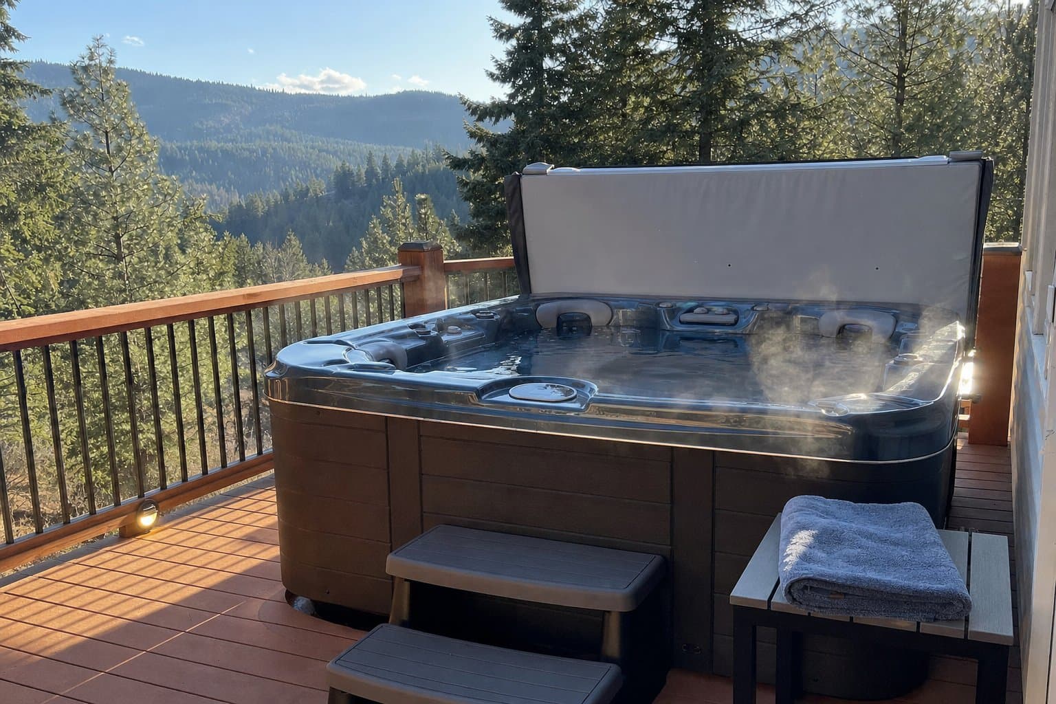 A well-maintained residential hot tub on a deck in the Hayden area