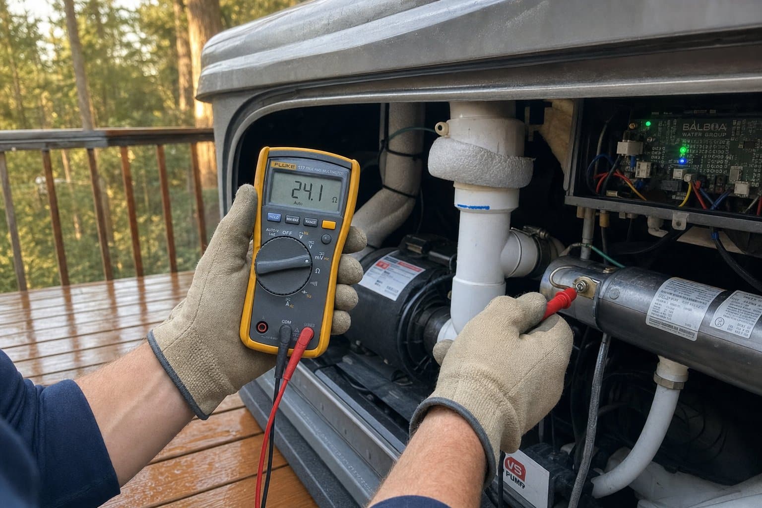 Hot tub repair technician diagnosing a heater element in Hayden